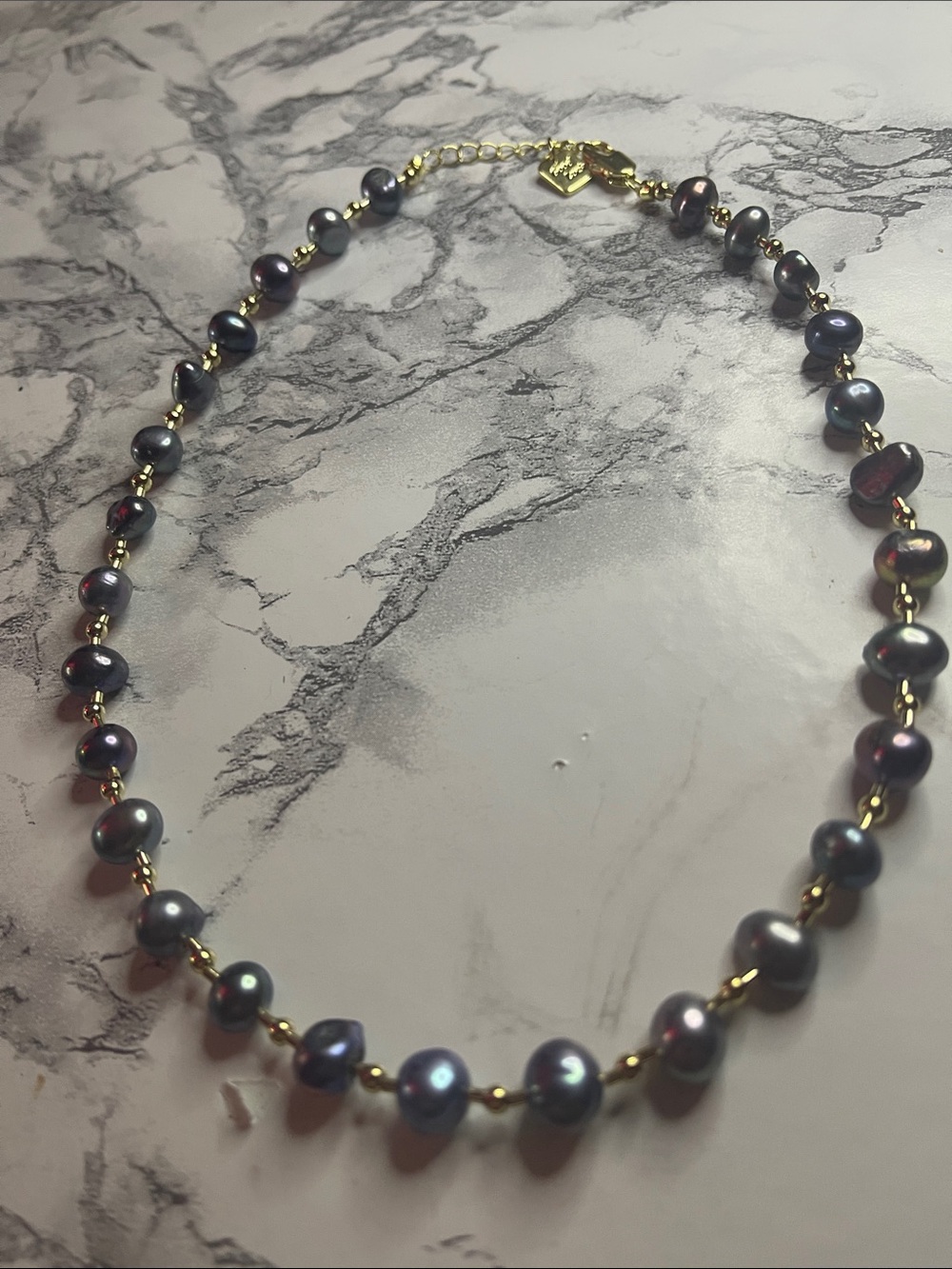 Elegant grayish blue Pearl and Gold Bead Necklace